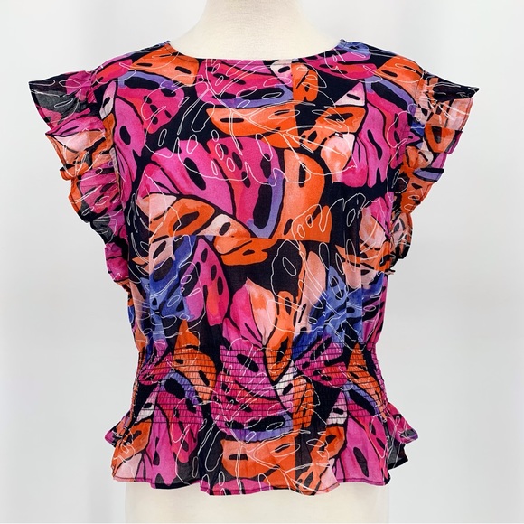 Tommy Hilfiger NWT Leaf Print Flutter Sleeve Smock Waist Blouse, XS - Picture 3 of 16